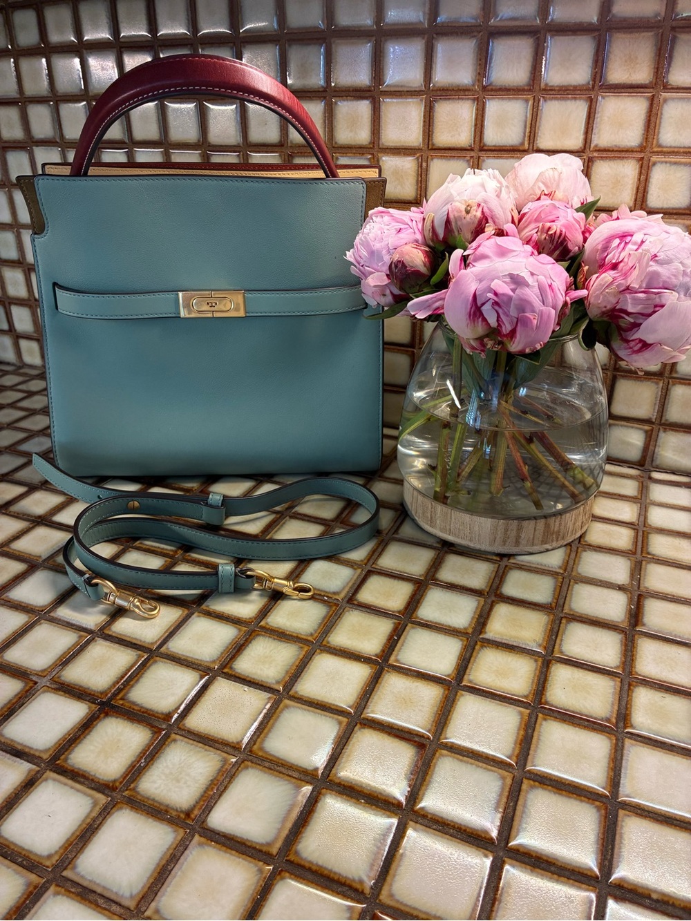 Tory Burch Teal Satchel with Burgundy Top Handle